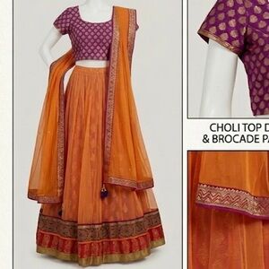 Traditional Orange Lehenga with Purple Brocade Choli